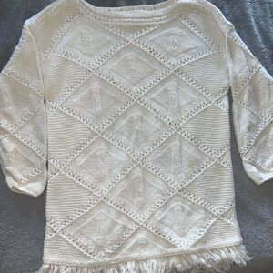 HandKnit Elegant Cream Sweater with Fringe